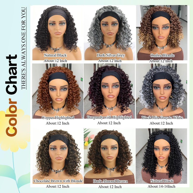 Aisaide Kinky Curly Headband Wig 12 Inch Grey Deep Curly Headband Wigs for Women Short Glueless No Lace Deep Curly Half Hair Wig