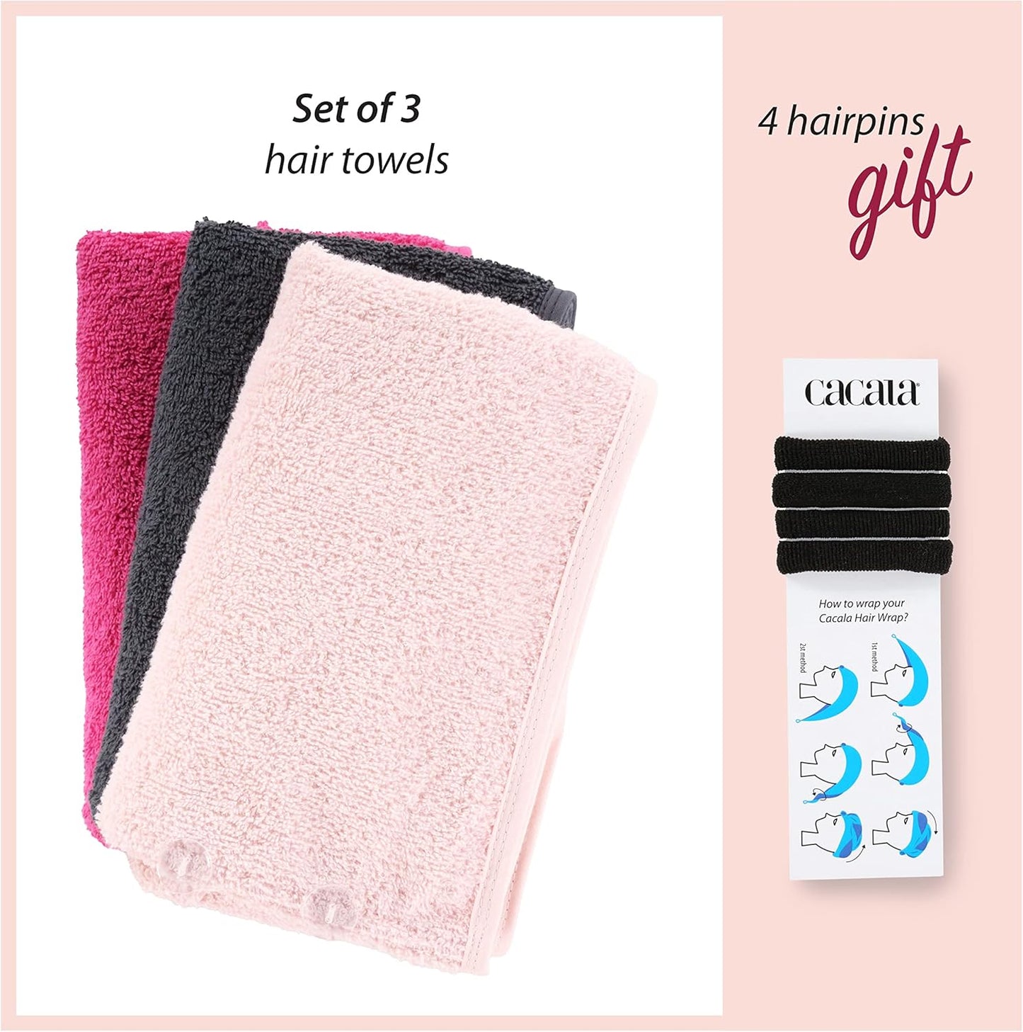 Cacala Terry Cloth Shower Cap for Women - Luxurious Non-Frizz Hair Wraps | Highly Absorbent with Holding Loop & Buttons - 3pcs