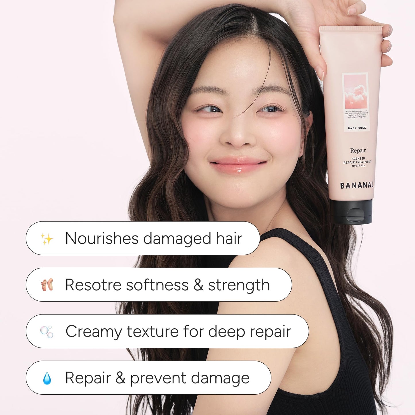 BANANAL Scented Repair Treatment Mask – Protein-Enriched Deep Repair for Damaged Hair – 17 Amino Acids, Botanical Oils, Shea Butter & Ceramide – Korean Hair Conditioner, Baby Musk, 100 ml / 3.4 fl oz