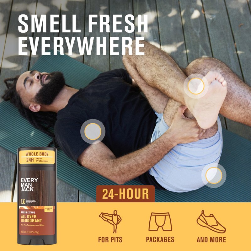 Every Man Jack All Over Deodorant Variety Pack - 24 Hour Whole Body Odor Protection - Aluminum Free - 1 Each of Fresh Citrus, Coastal Surf, and Coconut Vanilla Scents - 2.6 oz (3 Pack)