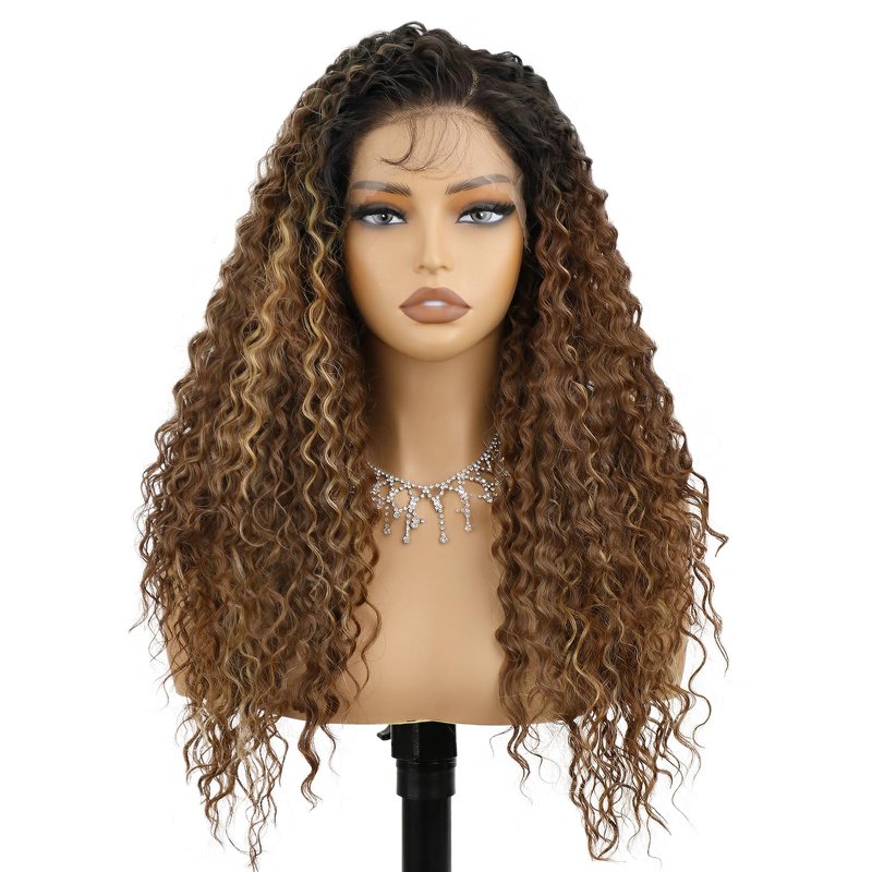 forfeels Ombre Brown Mixed Blonde Highlight Synthetic Lace Front Wig 24 Inches 13x4 HD Long Curly Wavy Lace Front Wigs for Women Daily Party Use