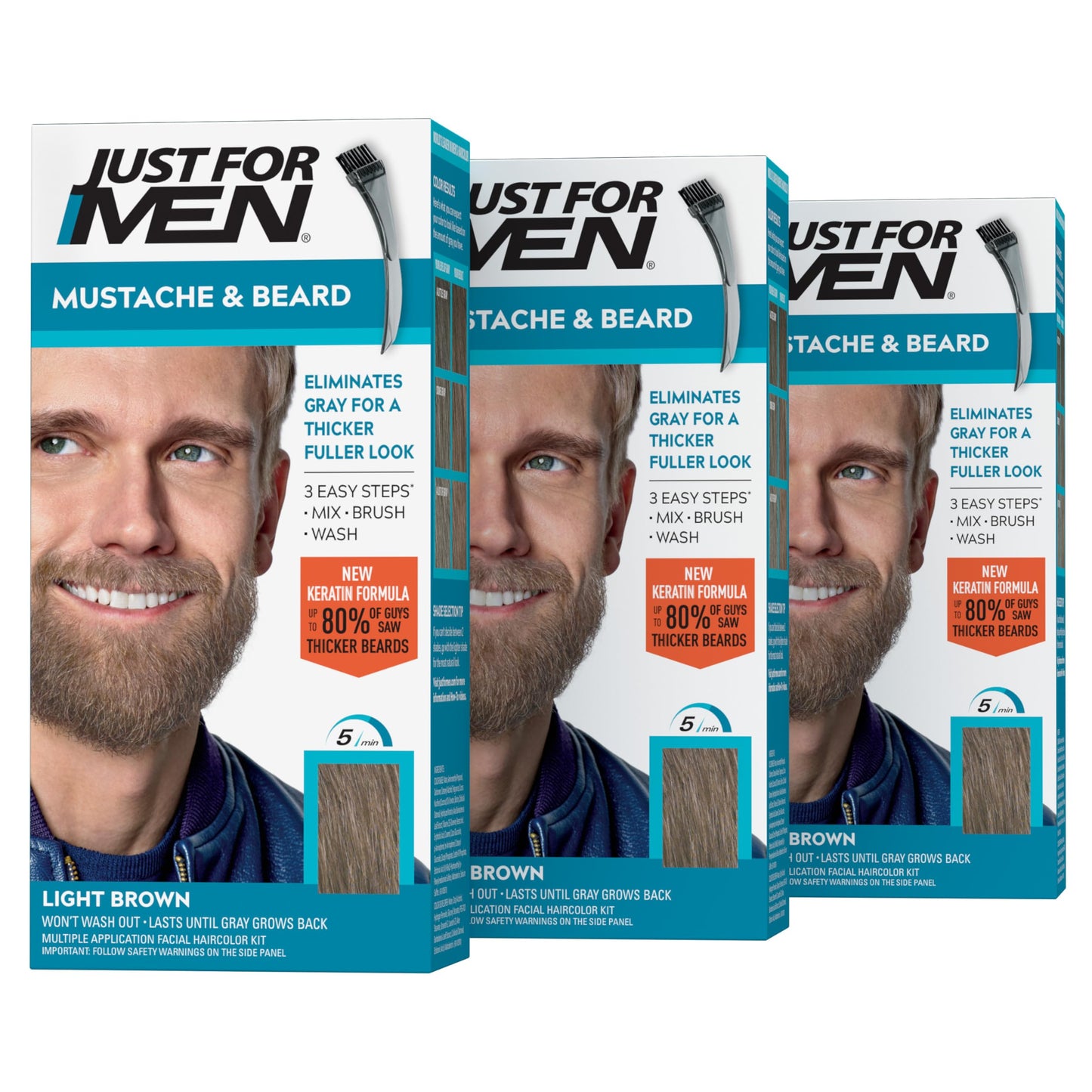 Just For Men Mustache & Beard, Beard Dye for Men with Brush Included, With Keratin Biotin Aloe and Coconut Oil for Healthy Facial Hair - Light Brown, M-25, Pack of 3
