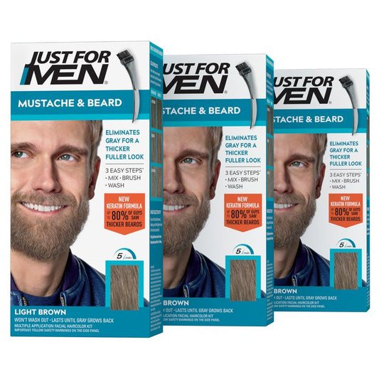 Just For Men Mustache & Beard, Beard Dye for Men with Brush Included, With Keratin Biotin Aloe and Coconut Oil for Healthy Facial Hair - Light Brown, M-25, Pack of 3
