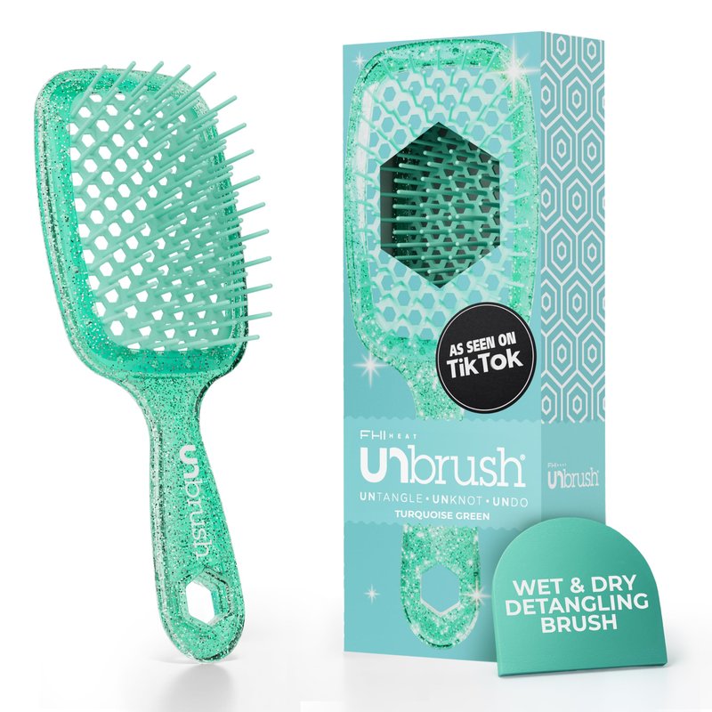 FHI Heat UNbrush Detangling Brush for Pain-Free Brushing on All Wet or Dry Hair Types — Durable DuoFlex Anti-Static Bristles, Lightweight Handle, Vented Hair Brush, Turquoise Green