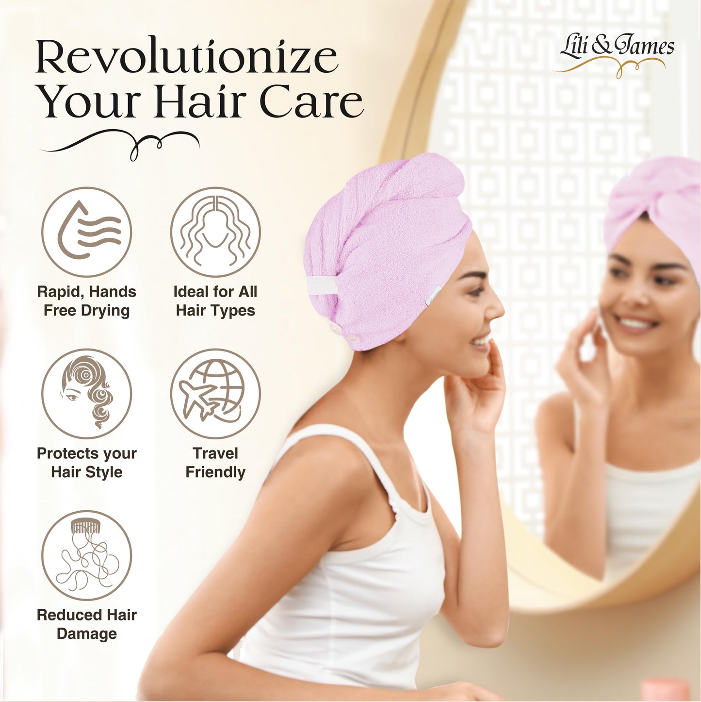 Lili&James 100% Cotton Hair Towel Wrap for Women & Kids – 420 GSM Quick Dry Hair Turban with Double Button Loop, Anti Frizz Non Microfiber Hair Drying Towel for Curly, Long & Thick Hair (Lilac+Pink)