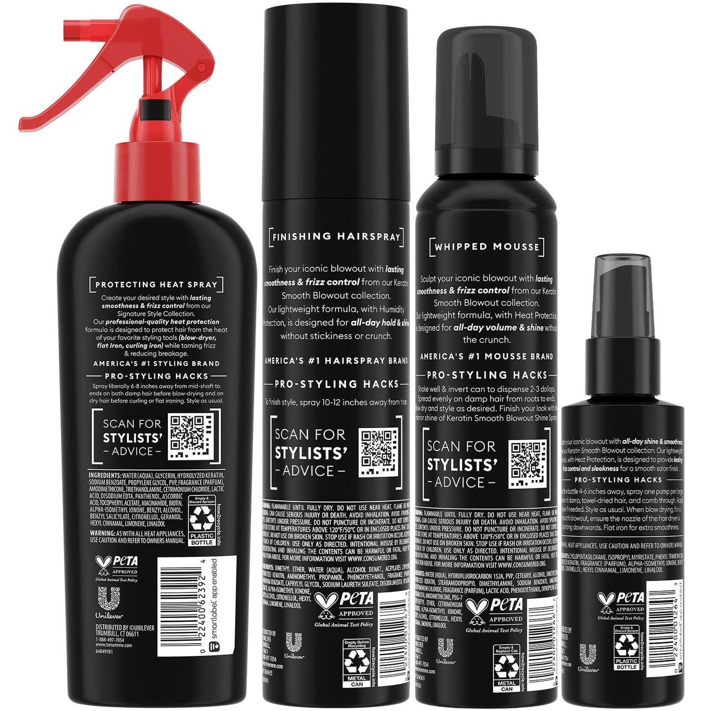TRESemmé Keratin Smooth Blowout Hair Styling Bundle – Mousse + Finishing, Protecting Heat & Shine Sprays, Frizz Control