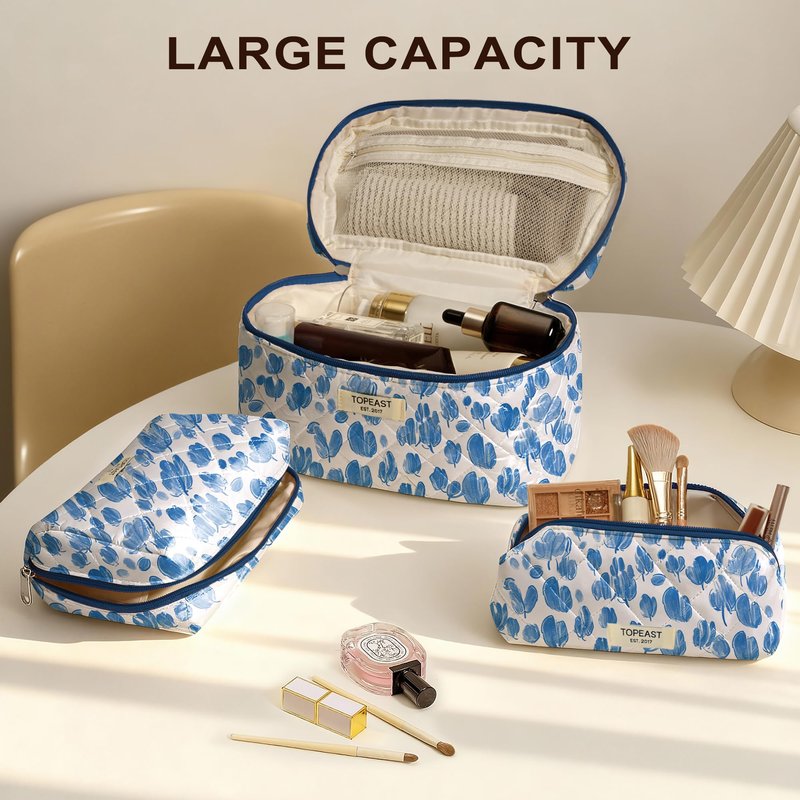 TOPEAST Travel Makeup for Women Girl, 3Pcs Large Cute Quilted Make up Bag Organizer for Purse, Portable Big Cosmetic Brush Pouch with Zipper Compartment, Blue Bow
