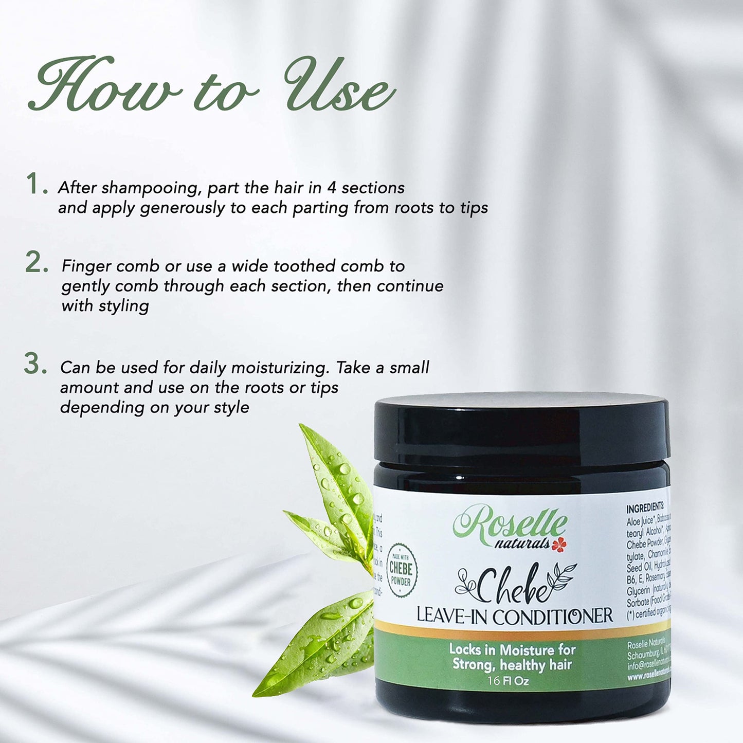Roselle Naturals Chebe Leave In Conditioner Organic 16 Oz Chebe Powder for Hair Growth, African Chebe & Rosemary Oil, Chebe Hair Leave In Conditioner