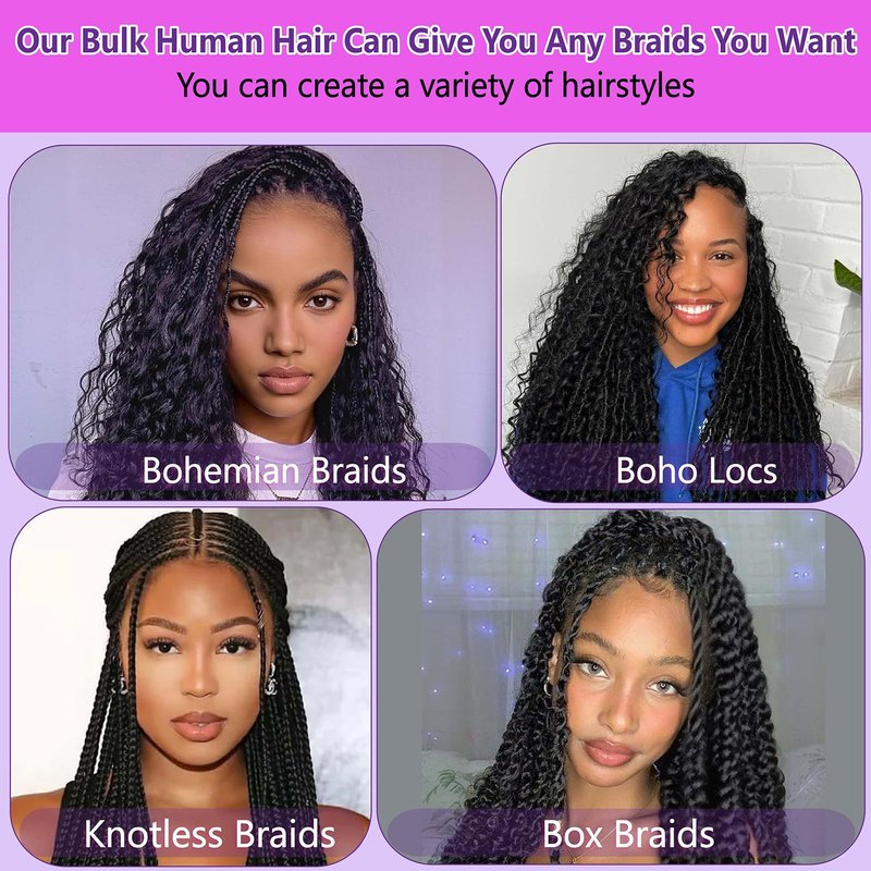 Deep Wave Bulk Human Braiding Hair for Boho Braids Water Wave 100% Human Hair for Boho Braiding Hair Crochet Wavy Curly Hair Extensions Bohemian Micro Braiding 3 Bundles 110g Natural Color 12 Inch