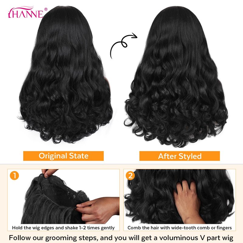 HANNE Yaki Curly V Part Wig U Part Synthetic Half Wigs for Black Women 22 Inch Heat-Resistant Hair Replacement Wig (Natural Black)