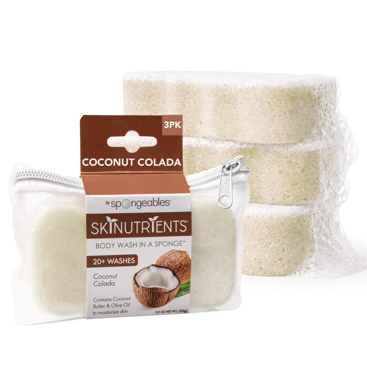 Spongeables Body Wash in a 20+ Wash Sponge, Coconut Colada, 3 Count