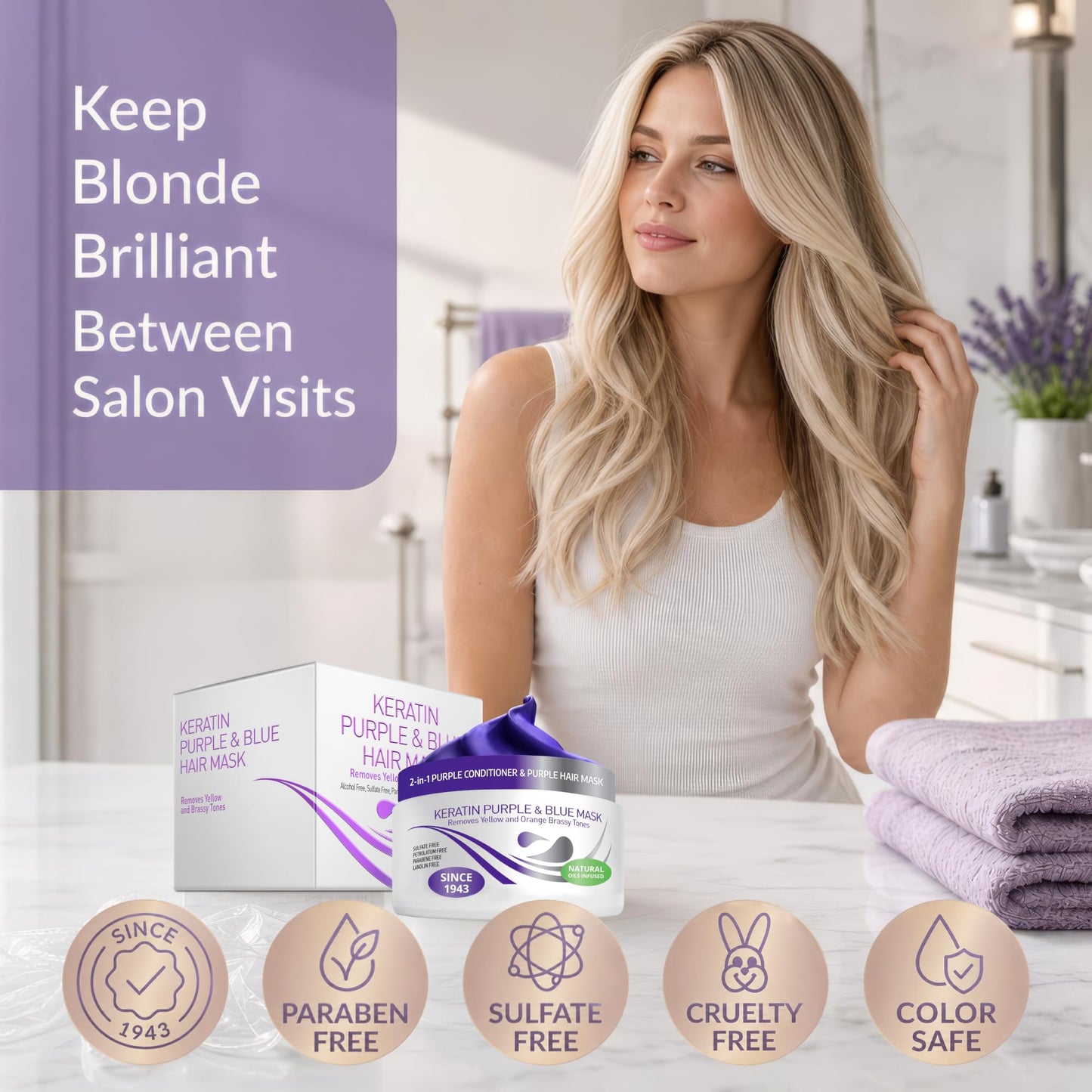 VITAMINS hair cosmetics Keratin Purple Hair Mask - Blue Hair Mask Deep Conditioner Treatment - Blonde Toner to Neutralize Brassiness in Brassy Blonde, Silver, White, Gray & Brown Locks