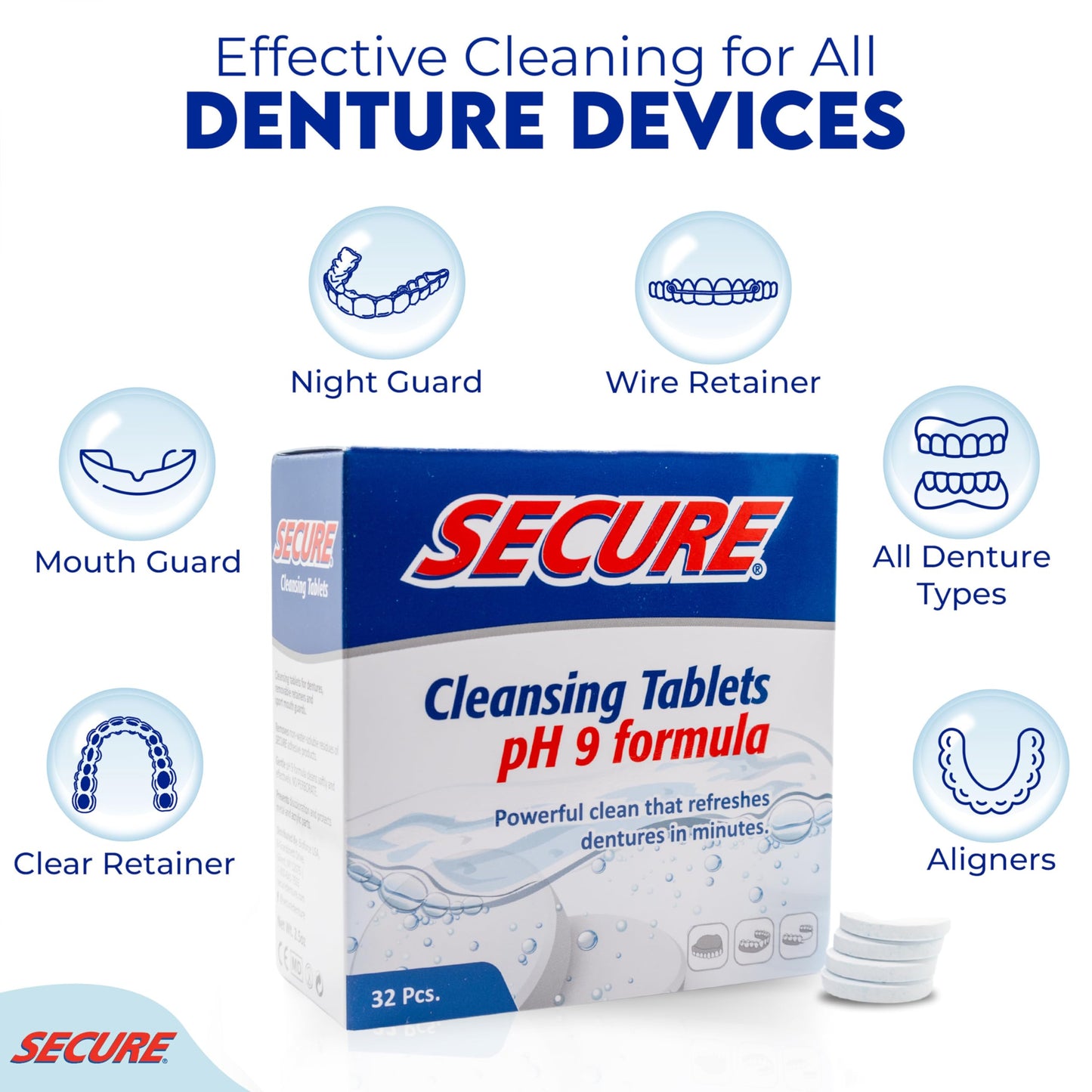 Secure Daily Cleansing Tablets - pH 9 Formula Thoroughly Cleans Dentures - Fights Odors, Stains & Germs - For Dentures, Nightguards, Retainers & Partials - 32 Tablets (4 Pack)