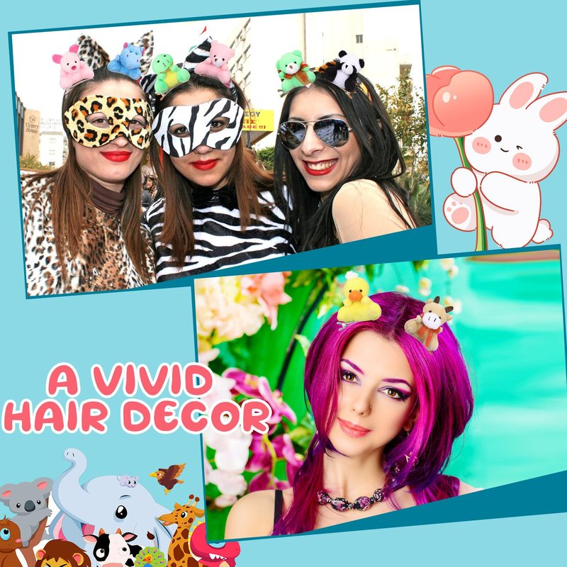 Luinabio 30 Pcs Plush Animal Hair Clips Rave Trinkets for Festival Valentines Gift Goodie Bags No Candy Treat Cute Small Animals Plush Hairpins Funny Hair Accessories for Women Rave Party
