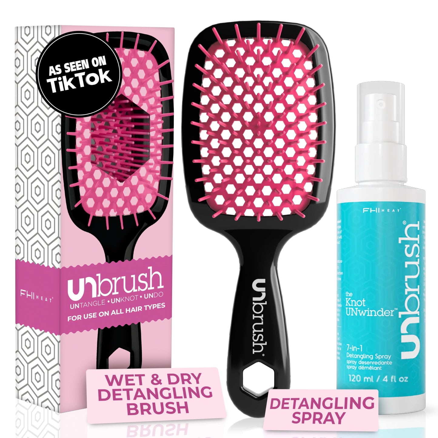 FHI Heat UNbrush Detangling Brush and UNwinder Detangling Spray Combo Pack - Tangle-Free Hair, Pain-Free Brushing, Anti-Static Bristles, Lightweight Hair Brush, Cherry Blossom