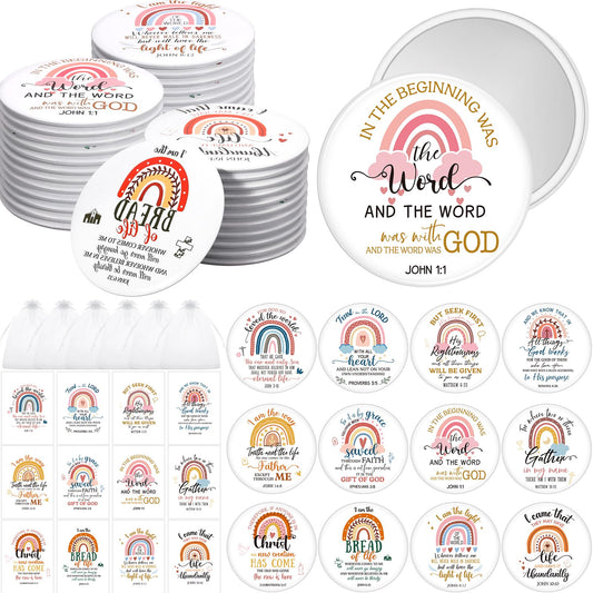 Funnymoom 48 Sets Christian Gifts Bulk for Church Women Compact Mirrors with Scripture Verse Inspirational Pocket Mirror with Card Bag for Graduation Sunday School(Boho Color)