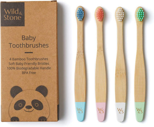 Organic Baby Bamboo Toothbrushes - 4 Pack with Soft Bristles | 100% Compostable & BPA-Free | Vegan-Friendly