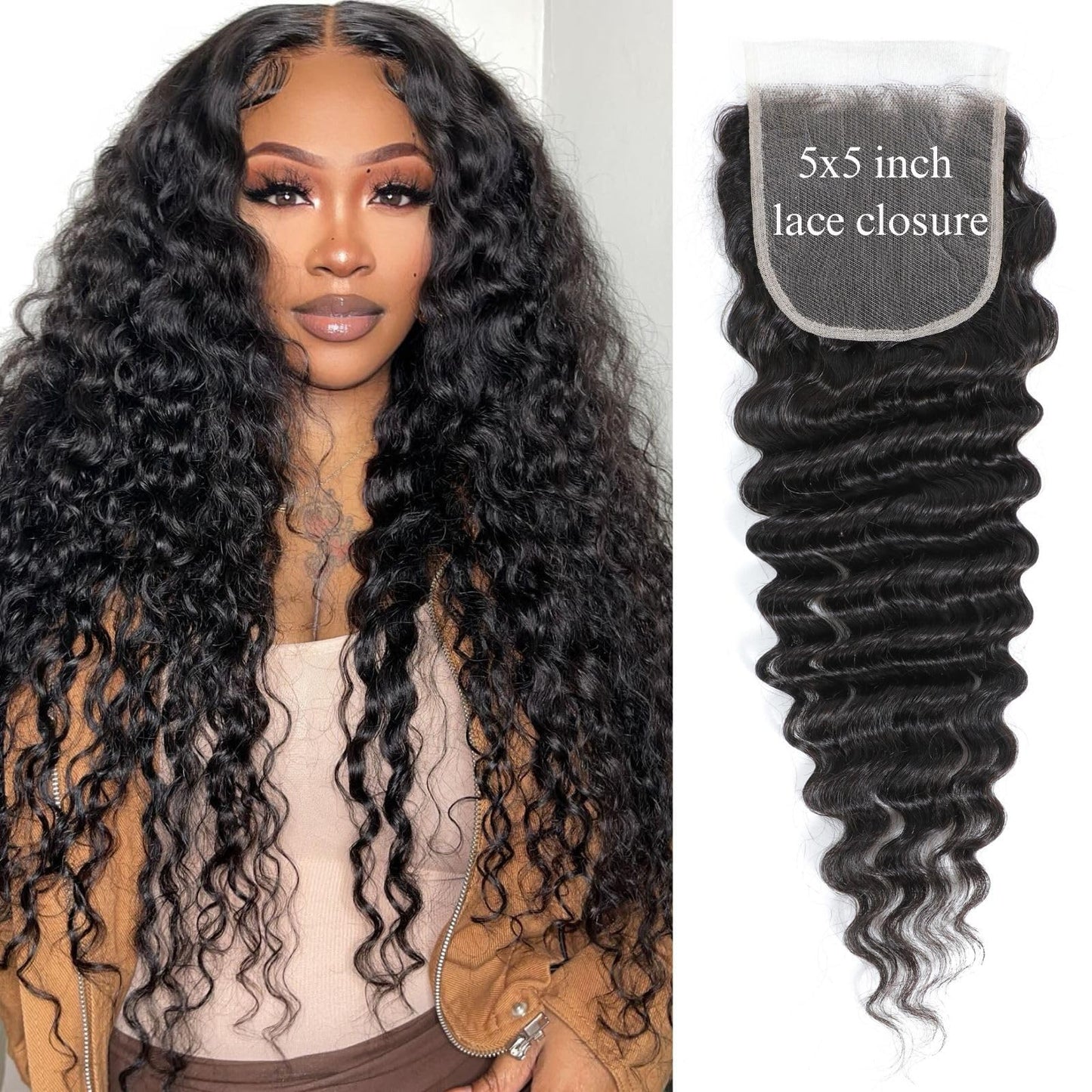MOMOSHERO HD Transparent Lace Deep Wave Closure, 10" Natural Black, 5x5 Inch, Pre-Plucked, Unprocessed Brazilian Virgin Human Hair, 150% Density, Weave Installation
