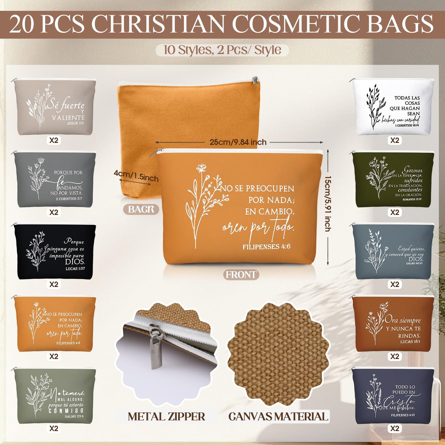 Kacctyen 20 Sets Spanish Christian Gifts for Women Bulk Bible Verse Makeup Bags Compact Mirror Regalos Cristianos Para Mujer En Español Canvas for Church Articulos Religiosos Catolicos (Boho Color)