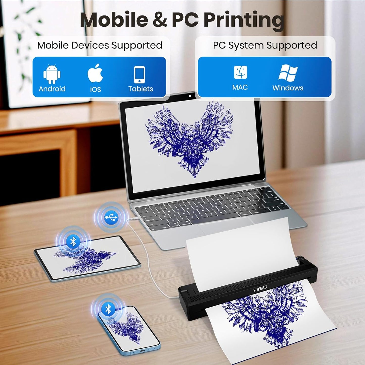 Tattoo Stencil Printer - Portable Wireless Bluetooth Thermal Transfer Machine | Includes 10 Thermal Papers & 3 Transfer Papers, Black