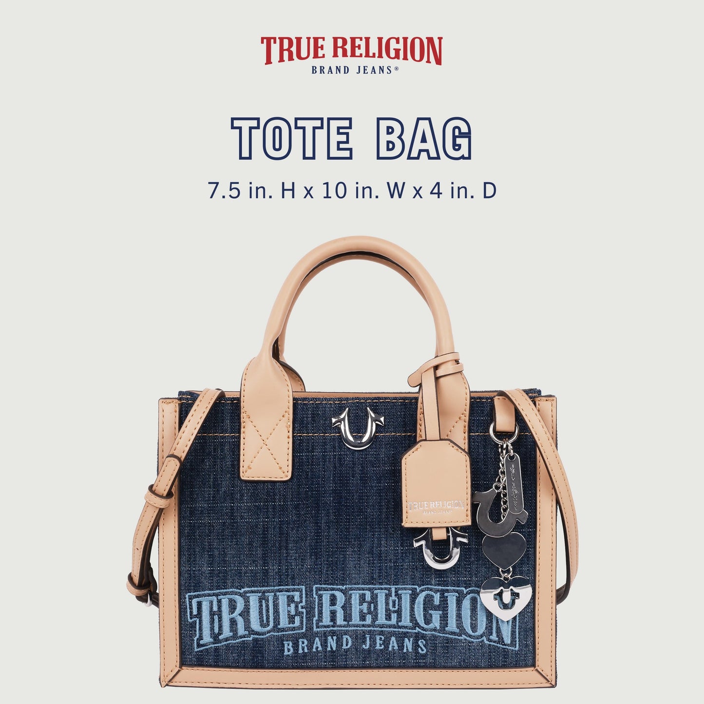 True Religion Denim Tote Bag, Bombe Logo Shoulder Carryall with Horseshoe Hardware and Strap Hand Bag, Dark Denim
