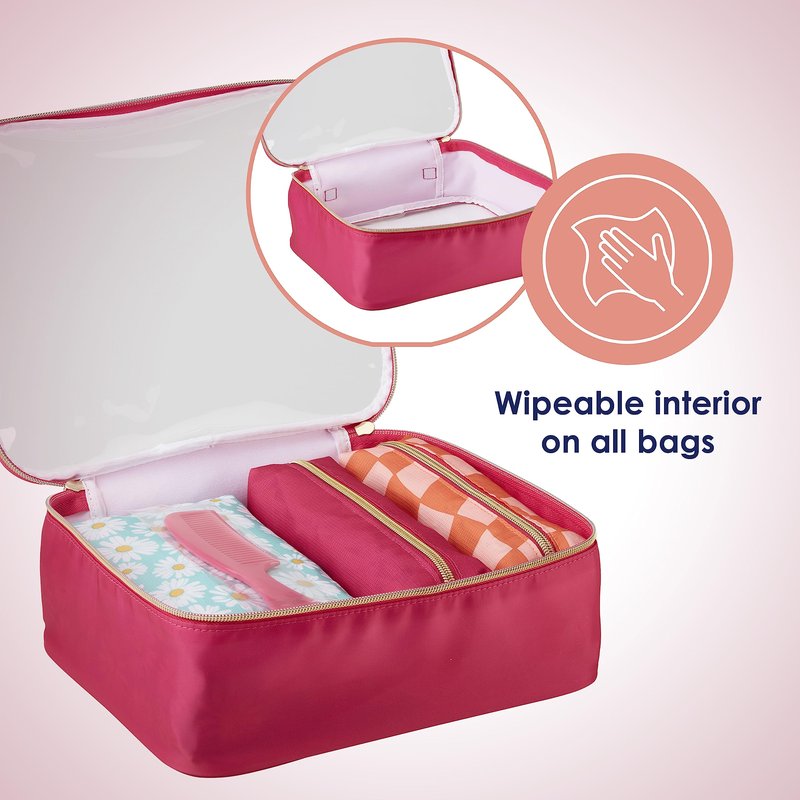 Conair 5 Piece Toiletry and Cosmetic Bag Set Under $30, Includes 4 Makeup Bags and 1 Travel Comb in Pink and Daisy Prints