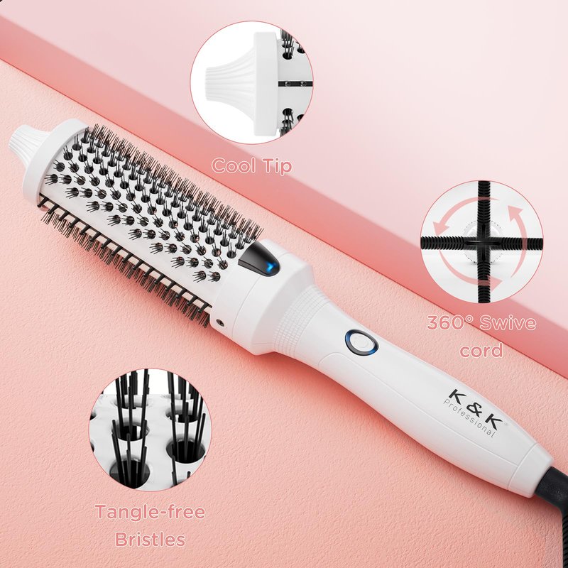 K&K Blowout Boost Thermal Brush, 1.5 inch Heated Round Brush for Blowout Look, Negative Ion Technology, Ceramic Tourmaline, Dual Voltage, White