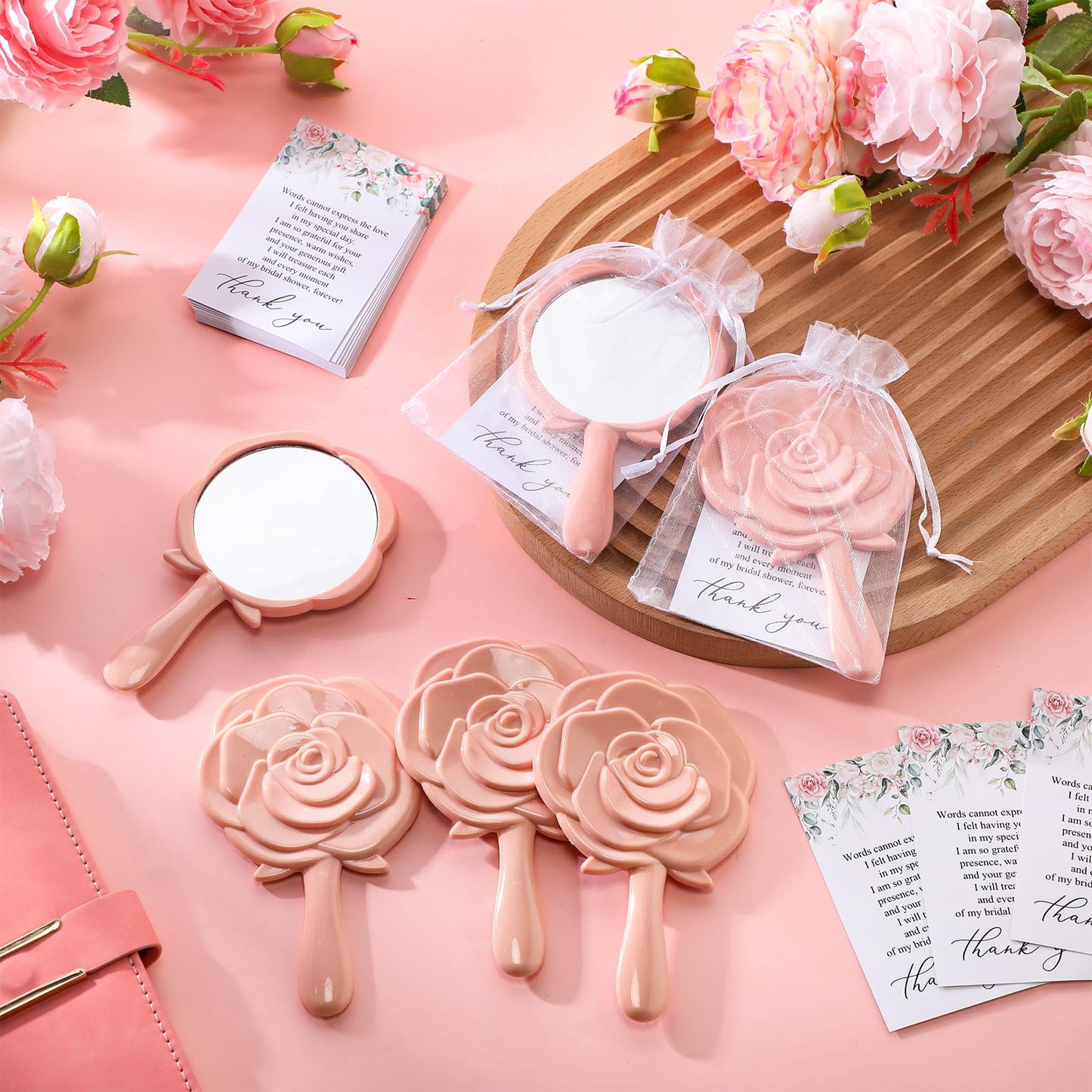Wenqik 50 Sets Bridal Shower Favors Rose Compact Mirrors Bulk Wedding Favors for Guests Rose Compact Handheld Mirrors with Thank You Cards and Organza Bags Wedding Party Guests Souvenir Gifts (Pink)