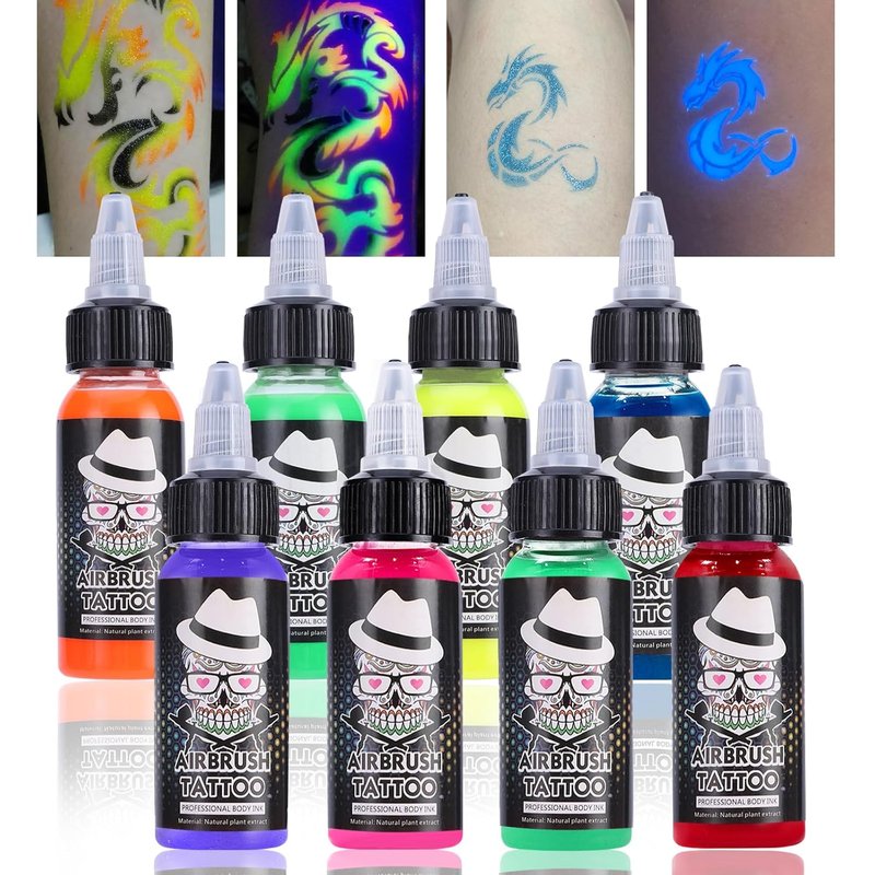 Ophir Neon Airbrush Temporary Tattoo Ink - 8 Vibrant Colors for Rave & Festival Body Paint | 1.06oz Bottle