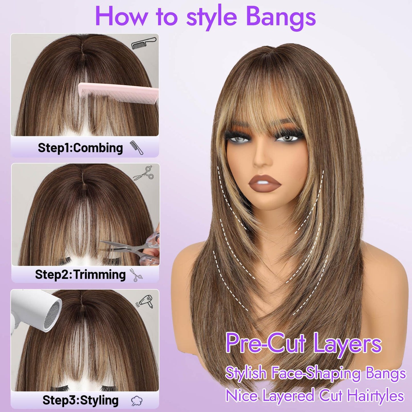 Eawwii Wig with Bangs for Women,Brown Synthetic 4x4 Scalp Wigs