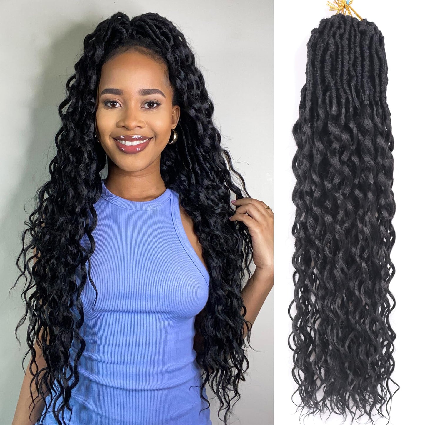 Crochet Hair for Black Women with Curly Ends 30 Inch 8 Packs Goddess Locs Crochet Hair Deep Soft Faux Locs Crochet Braids Pre Looped Curly Wavy Braiding Hair Extension(30 Inch, 1B)