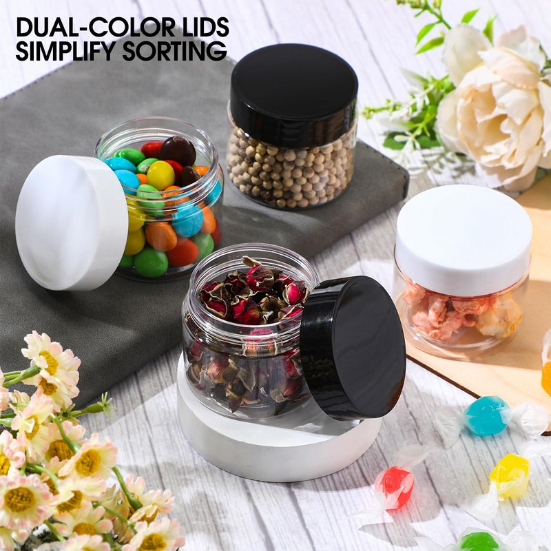 Meanplan 100 Pcs 2 oz Plastic Container Jars Clear Round Cosmetic Container with Lids, Plastic Jars with Screw Lids for Travel Storage, Kitchen Use, DIY Crafts(Black, White, PP)