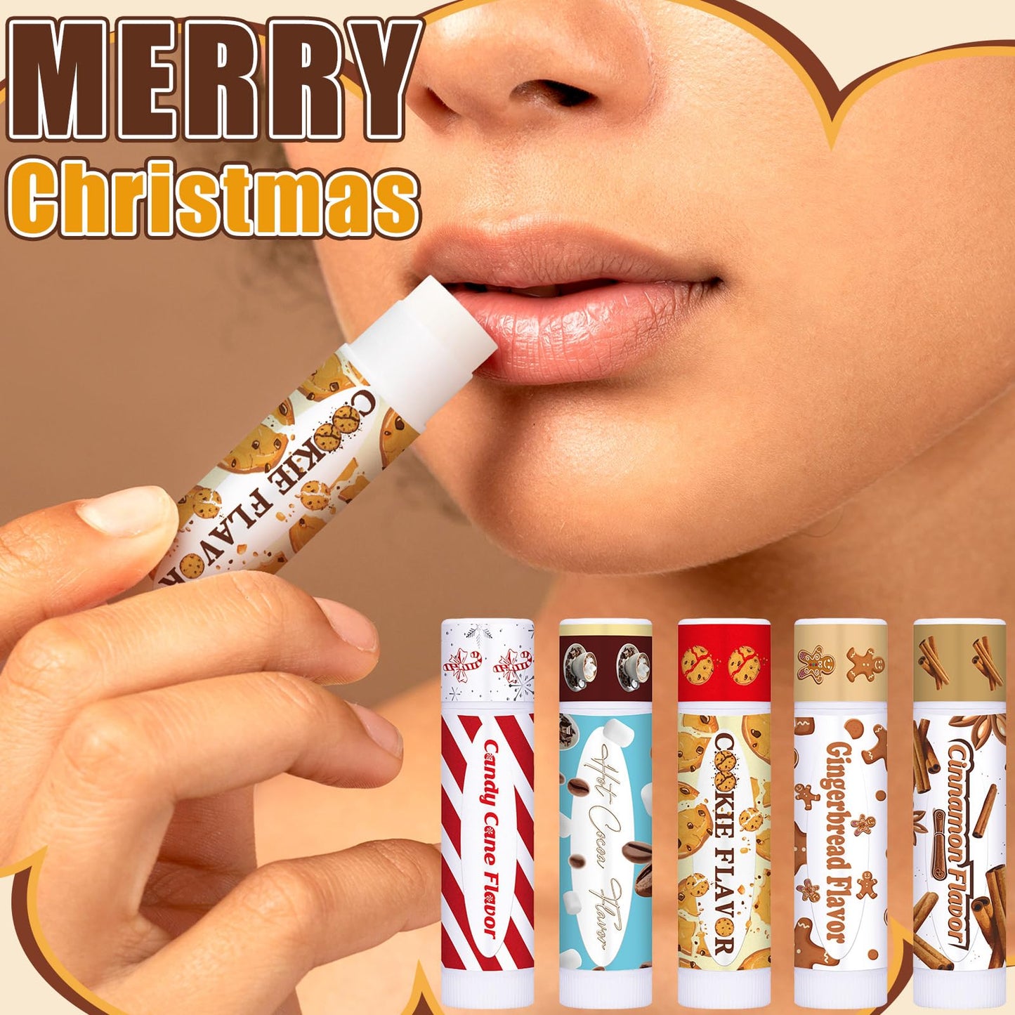 Sacubee 50 Pcs Christmas Lip Balms Bulk Peppermint Candy Flavor Lip Balm Holiday Gingerbread Hot Cocoa Cookie Cinnamon Flavor Christmas Party Gifts Stocking Stuffers for Women Employee Coworkers