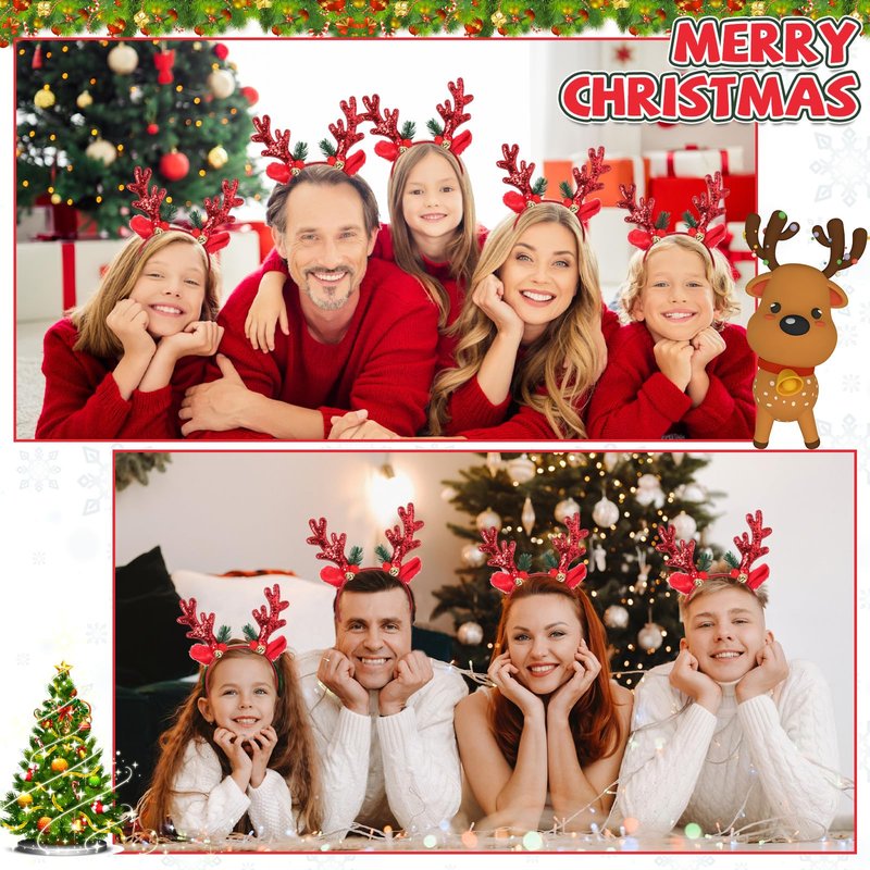 Crowye 12 Pcs Christmas Reindeer Headbands Bulk Christmas Reindeer Antler Headbands Xmas Glitter Elk Deer Hairband for Women(Red)
