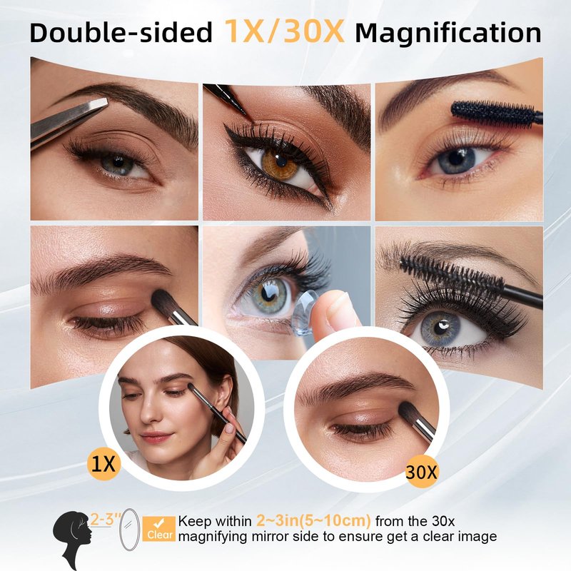 FASCINATE Travel 30X Magnifying Mirror with Light, Lighted Makeup Mirror Double Sided Magnification with 3 Color Setting & Stepless Dimming, Adjustable Rotation Rechargeable LED Vanity Mirror