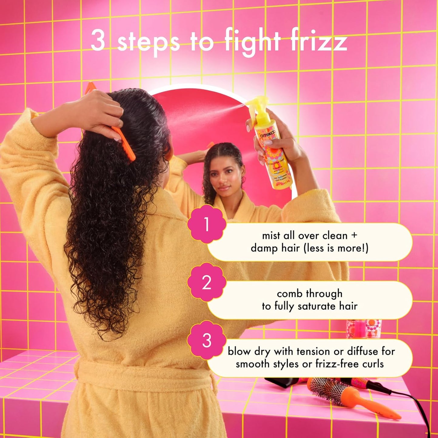 Amika Frizz-Me-Not Hydrating Anti-Frizz Treatment - Lightweight Spray for Medium to Thick Hair Types 2A-4C | Humidity & Heat Protection