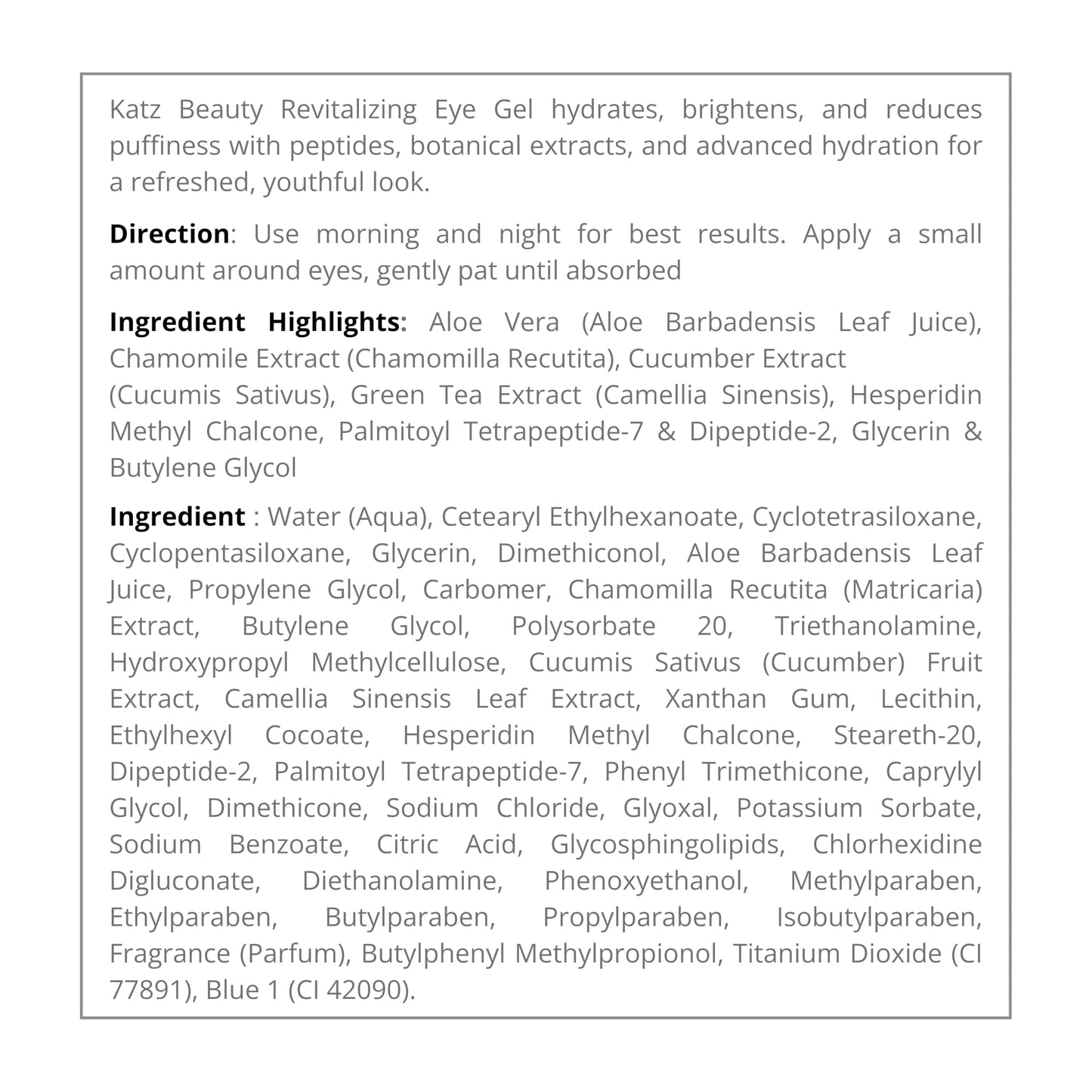 Katz Beauty Revitalizing Eye Gel, 0.5 oz - Hydrating, Brightening & Puffiness-Reducing Eye Cream with Aloe & Cucumber