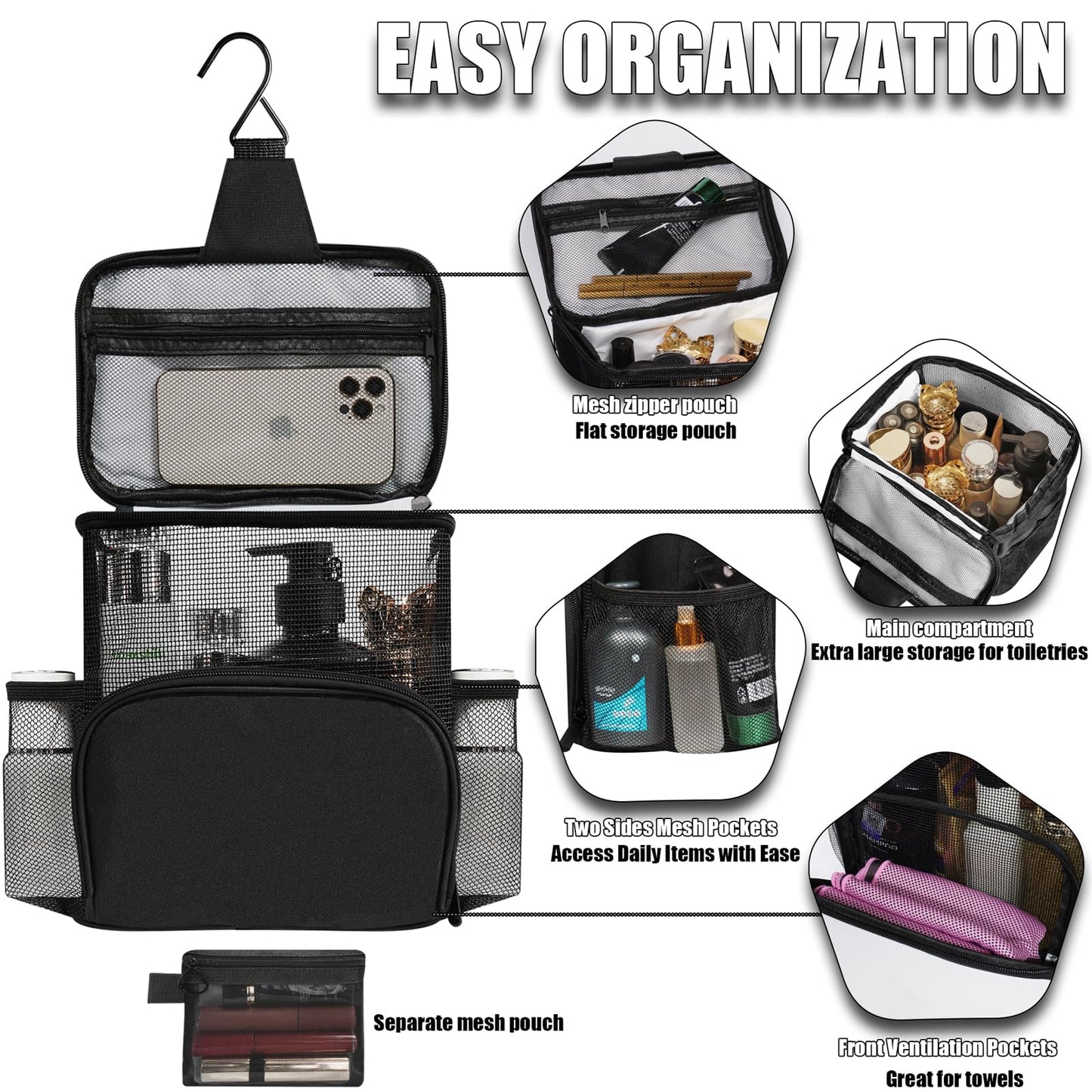 KaKuLan Hanging Travel Toiletry Bag for Men and Women with Metal Hook, Large Hanging Cosmetics Organizer, Shower Dopp Kit, Makeup & Toiletries Organizer Kit, Travel Bathroom Accessories