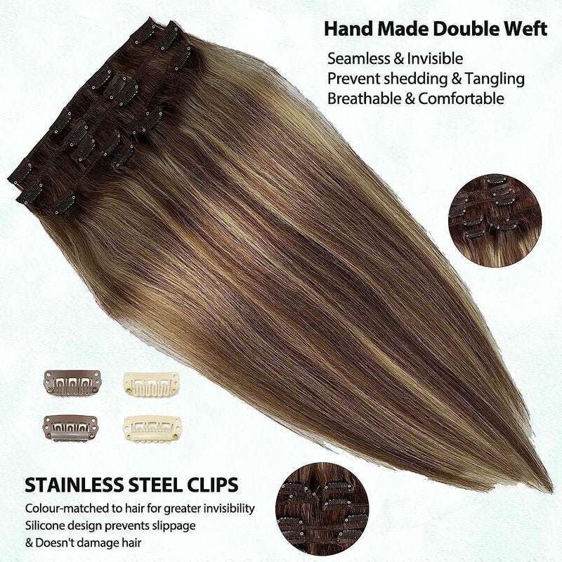 Human Hair Clip in Extensions Brown to Blonde Balayage Clip ins Extensions Remy Human Hair 16 Inch Clip on Extension Bleach Blonde Highlights Hair Extensions for Women Clip in 7Pcs 70g