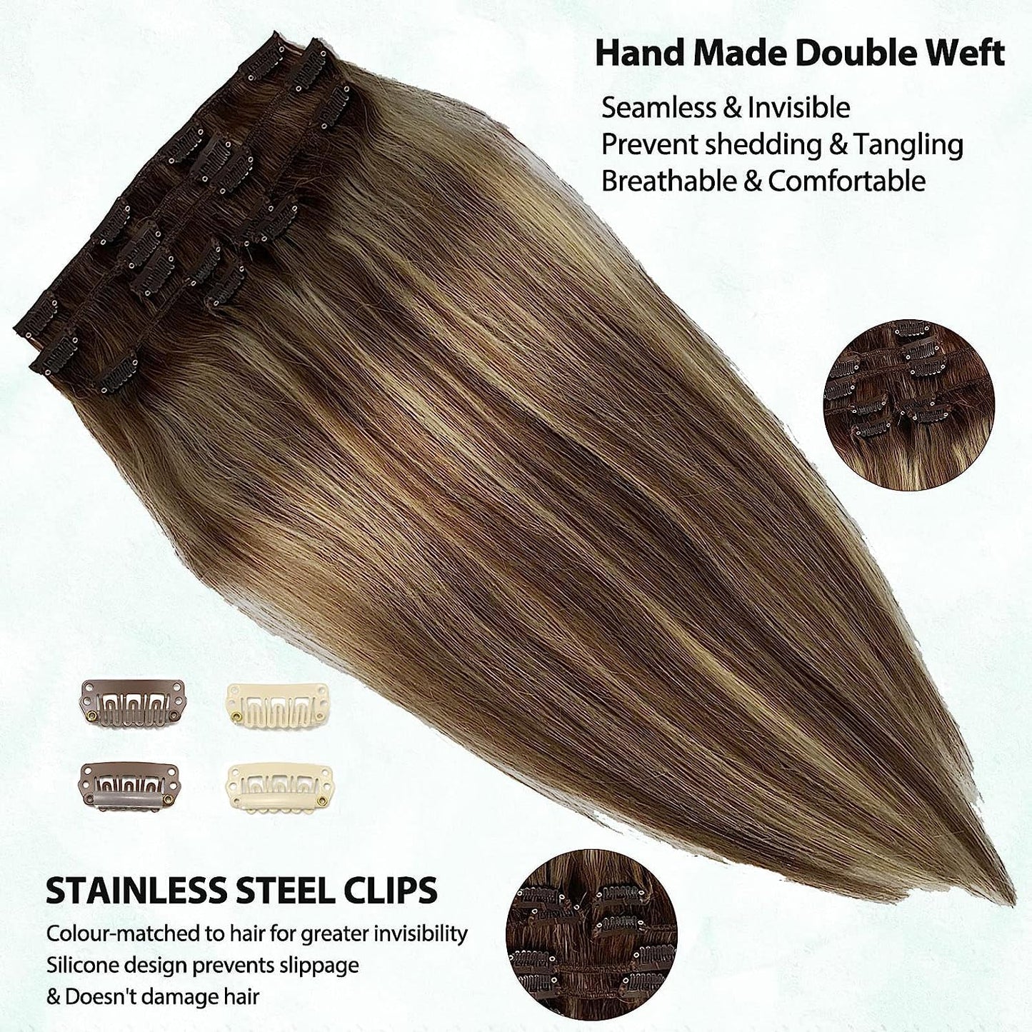 Human Hair Clip in Extensions Brown to Blonde Balayage Clip ins Extensions Remy Human Hair 16 Inch Clip on Extension Bleach Blonde Highlights Hair Extensions for Women Clip in 7Pcs 70g