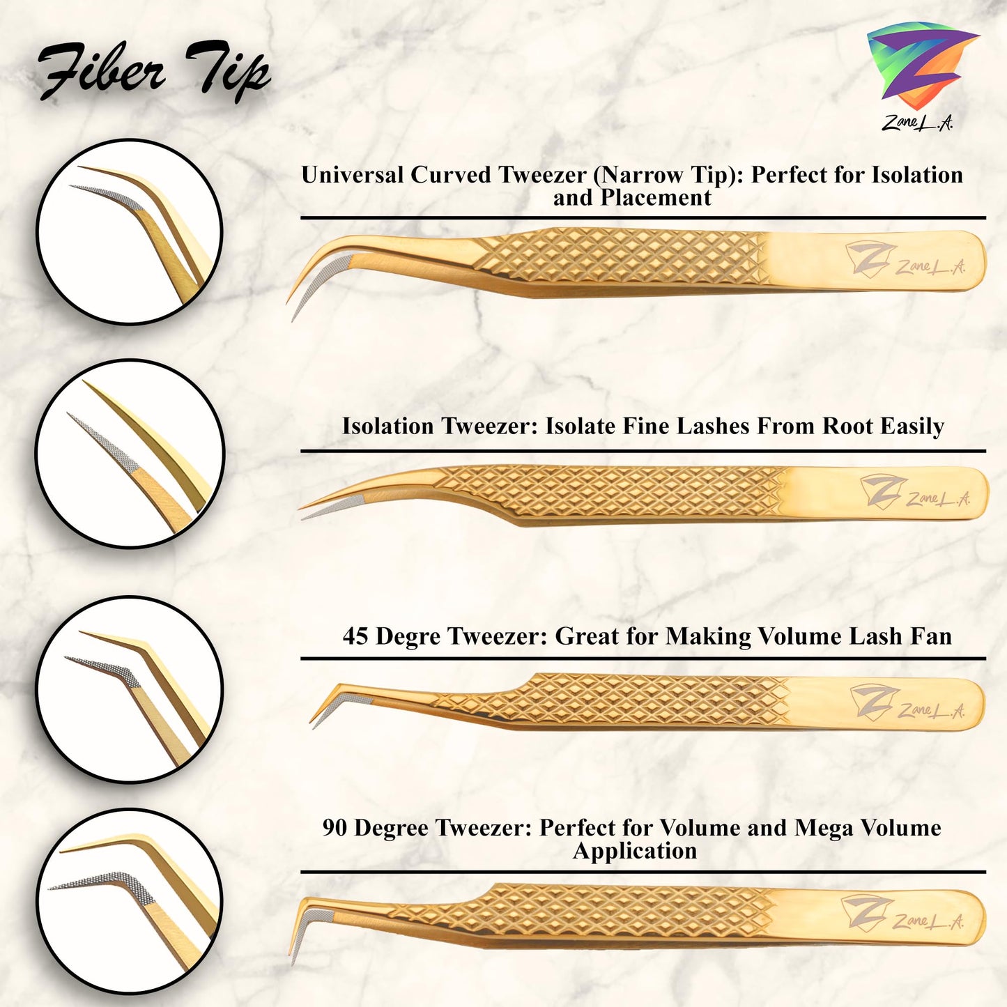 Zane L.A. Nano Fiber Tip Professional Eyelash Extension Tweezers, a pack of 4, Quality tweezers made with Japanese Stainless Steel, includes Stylish Half Moon Mirror. (Gold)