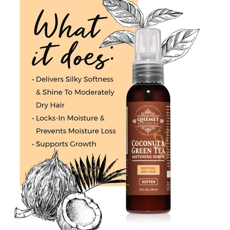 Qhemet Biologics Coconut & Green Tea Softening Serum - Lightweight Hair Serum to Soften, Smooth & Revitalize Dry Hair - Adds Slip and Shine to Thin, Fine, Low Porosity Strands (2 oz)