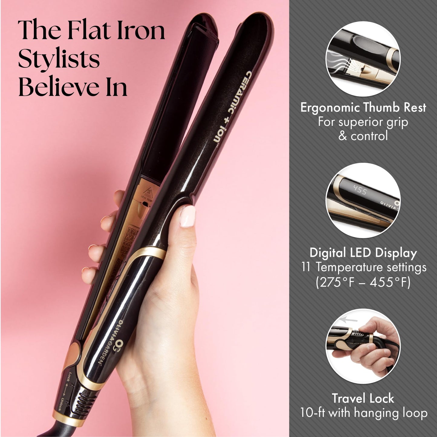 Olivia Garden Ceramic + Ion Professional Flat Iron - Dual Voltage Hair Straightener with Compact 3D Floating Plates - Heats Up to 430°F - Ideal for Short Hair