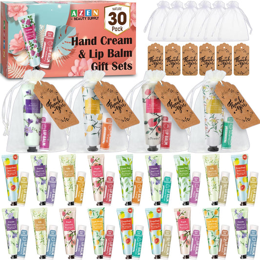 AZEN 30 Sets Bulk Gifts, Hand Cream and Lip Balm Bulk Set with Organza Bag Thank You Card, Baby Shower Wedding Gifts for Guests, Bridal Wedding Favors
