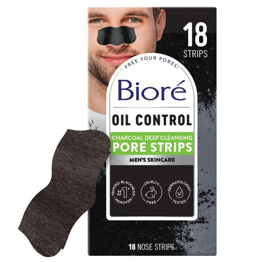Bioré Men's Oil Control Charcoal Deep Cleansing Pore Strips, Blackhead Strips With Charcoal for Men, Blackhead Remover Strips For All Skin Types, Pore Strips for Blackheads, 18 Count