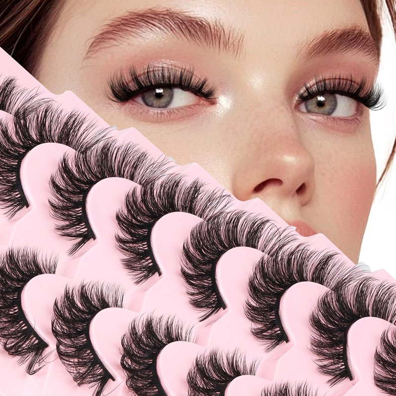 Fyonas Cat Eye Lashes Wispy False Eyelashes Fluffy Faux Mink Lashes 8 Pairs D Curl Fake Lashes Multi-layered Strip Lashes 8-18mm Lash Kit with Lash Glue and Tweezers (Hottie)