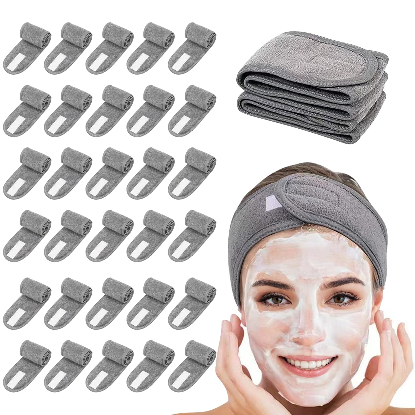 JACYUIG 30 Pack Spa Headband Bulk Spa Facial Headband Adjustable Skincare Head Wrap with Non Slip Tape for Washing Face Makeup Shower Sport Facial Mask Yoga,Gray