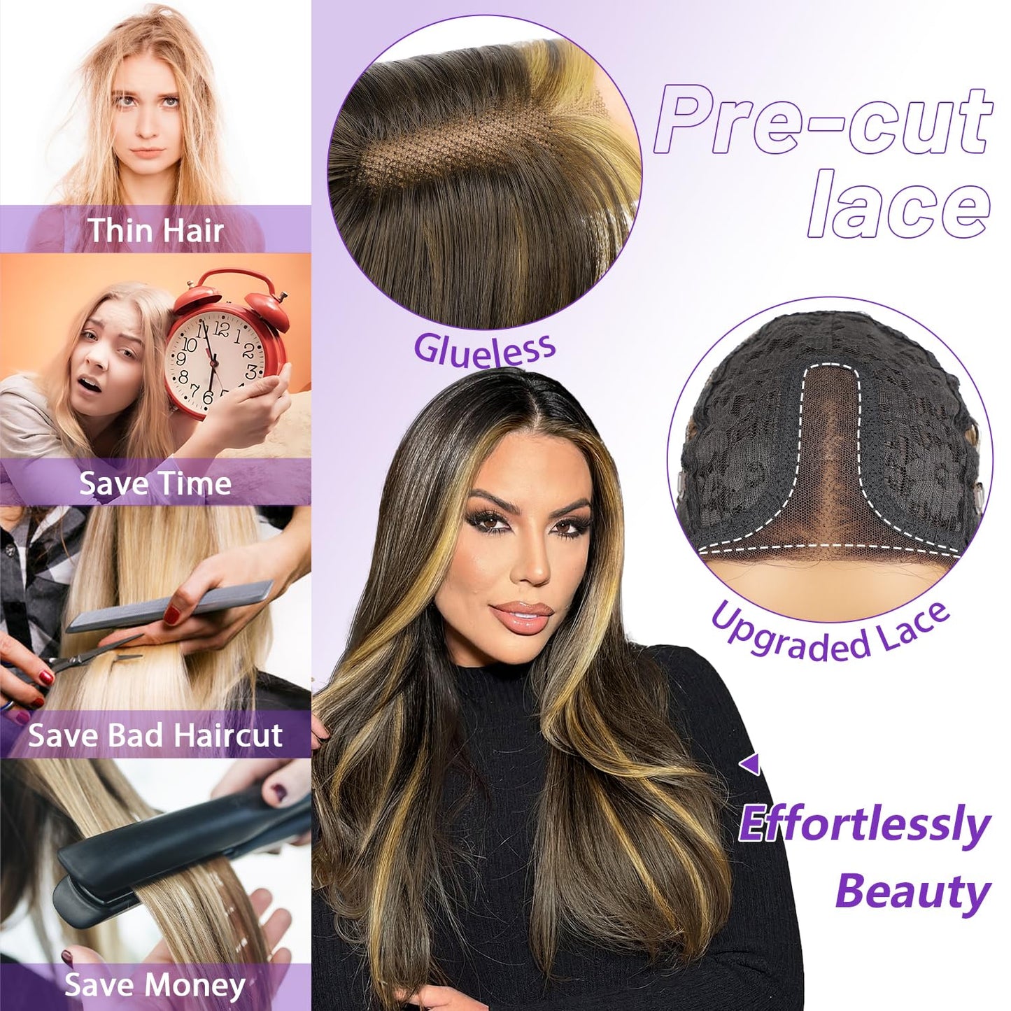 Eawwii Ombre Light Brown With Blonde Glueless Wigs for Women Pre Cut Synthetic Lace Hairline Long Layered Straight Hairstyle 26 Inch
