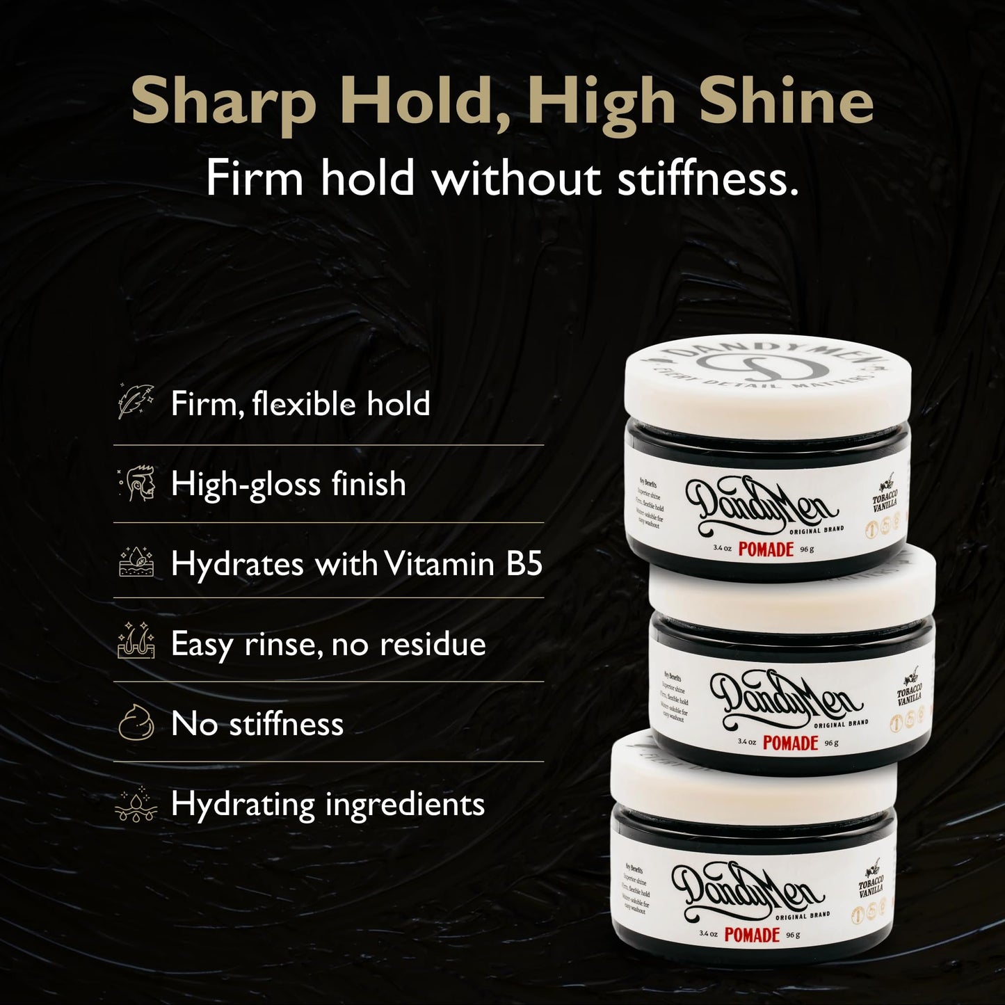 DandyMen Pomade – Strong Hold, High Shine, and Hydrating Formula with Pro-Vitamin B5 – Tobacco Vanilla Scent – 3.4 oz