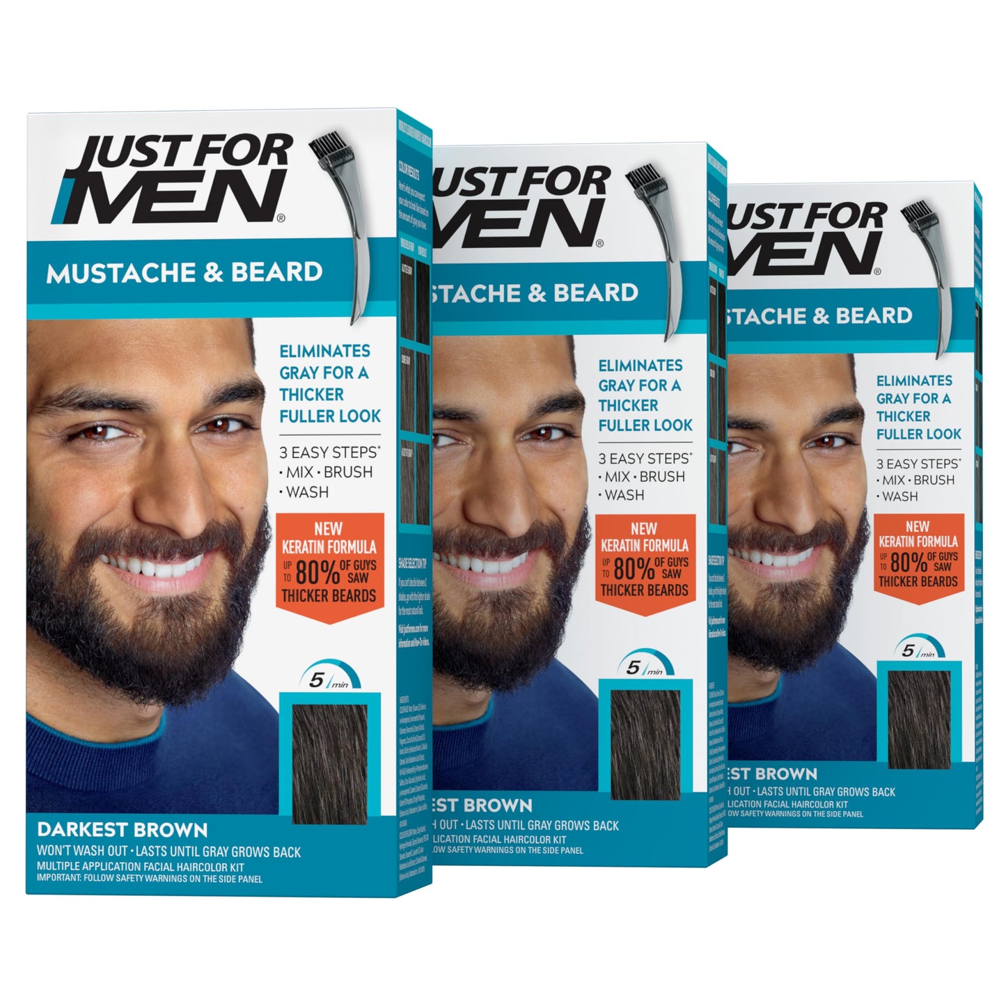 Just For Men Mustache & Beard, Beard Coloring for Gray Hair with Brush, With Keratin Biotin Aloe and Coconut Oil for Healthy Facial Hair - Darkest Brown, M-50, Pack of 3